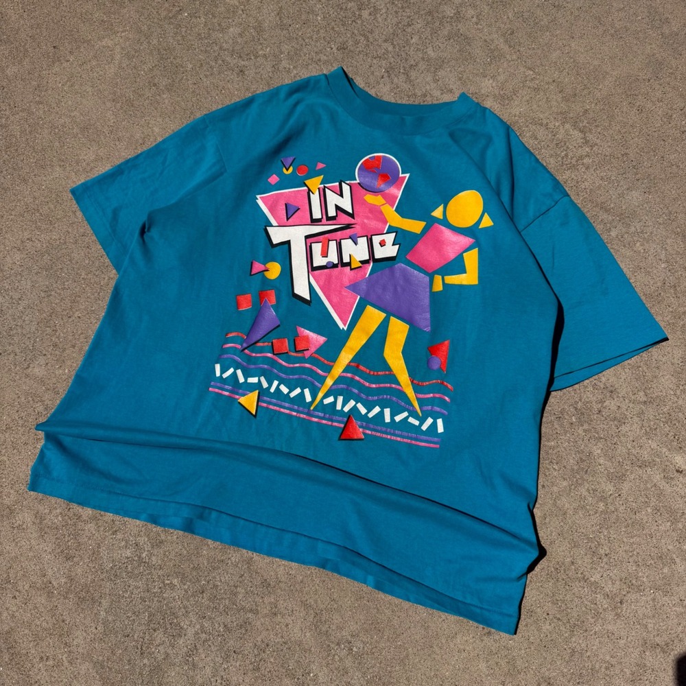 HANES | Mens T-Shirt Large Teal Vintage 80s 90s In Tune Graphic Retro Disco